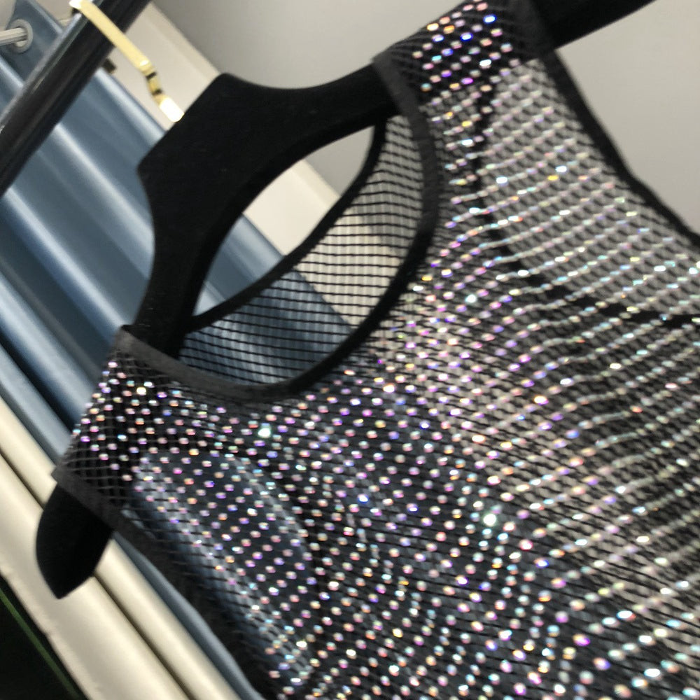 Summer new net diamond crystal I-shaped vest AB colored diamond short version party bling shiny exposed waist top