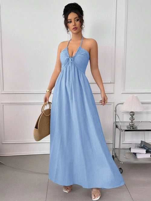 Summer Blue Halter Backless Dress Lace up Waist Slimming Seaside
