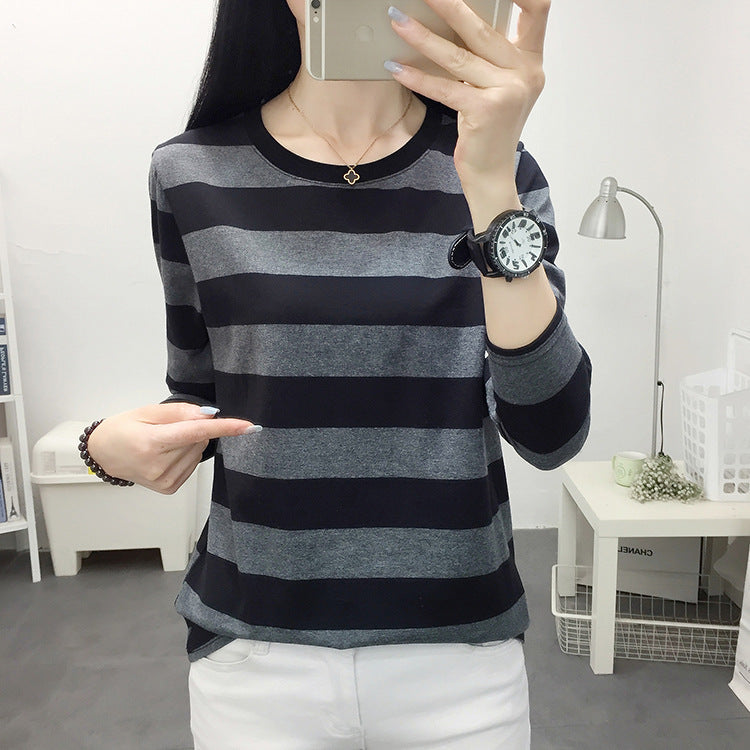 Autumn chubby girl Plus Size Large Size Loose Cotton Long-sleeved T-shirt Women's Middle-aged Mother Base Shirt Striped Top