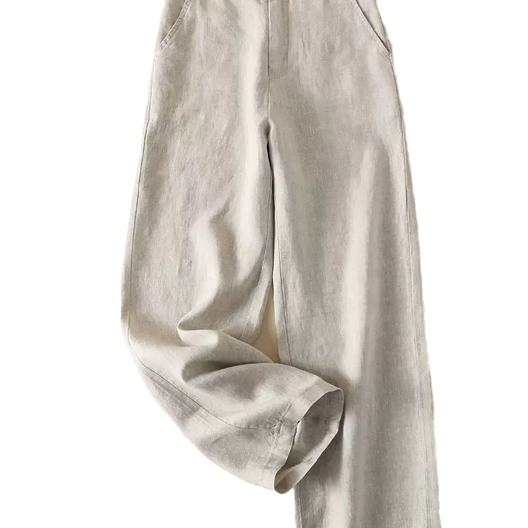 Solid Color Linen Wide-Leg Women's Pants 2023 Summer Loose Slimming Drapey High-Waisted Straight Nine-Point Length Leg-Lengthening