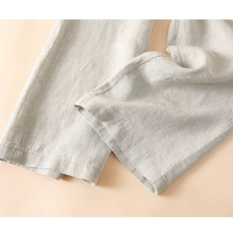 Solid Color Linen Wide-Leg Women's Pants 2023 Summer Loose Slimming Drapey High-Waisted Straight Nine-Point Length Leg-Lengthening