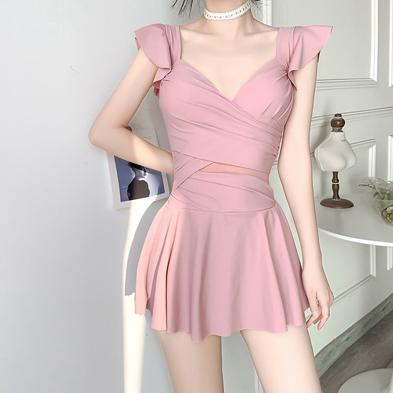 2025 New Swimsuit for Women, Belly-Covering, Slimming Look, One-Piece Skirt-Style Steel Support Push-Up Student Conservative Hot Spring Swimsuit