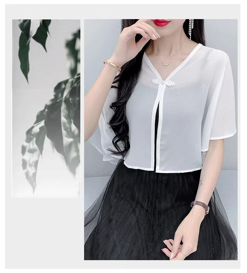 Thin Small Shawl Summer Dress with Sling Skirt Air-conditioning Shirt Women's Cardigan Outer Chiffon Ethnic Style Silver Buckle Small Coat