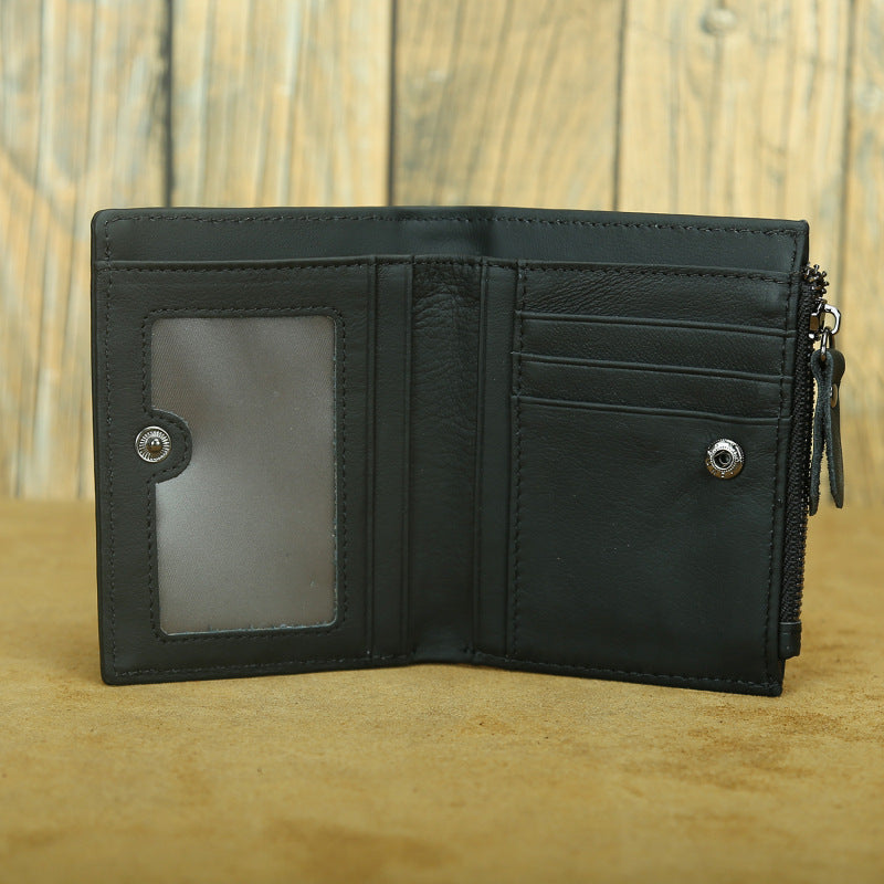 Shikangxin Vintage Genuine Leather Wallet Men's Short Wallet Multifunctional Zipper Bag Casual Oil Wax Cowhide Wallet