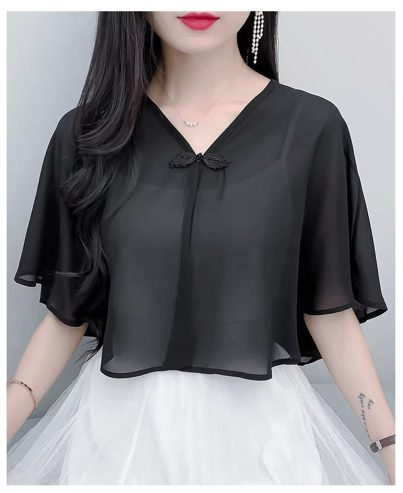 Thin Small Shawl Summer Dress with Sling Skirt Air-conditioning Shirt Women's Cardigan Outer Chiffon Ethnic Style Silver Buckle Small Coat