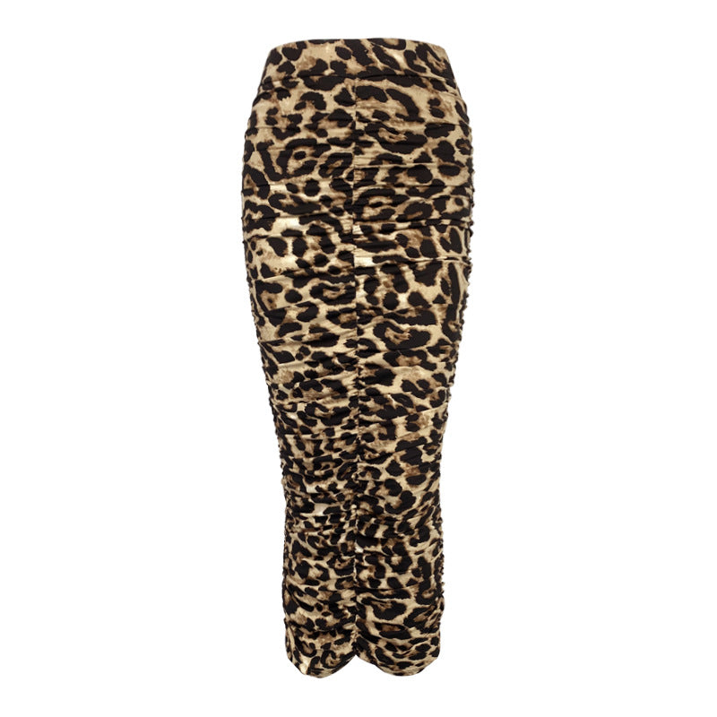 2025 Spring and Summer New High-Waisted Leopard Print Skirt European and American Fashion Sexy Tight Pleated Slit Mid-Length Skirt