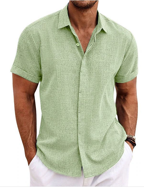 European and American Men's Double Placket Cotton Linen Cardigan Short-sleeved high quality Shirt Summer Home Short-sleeved Lapel Shirt Cross-border
