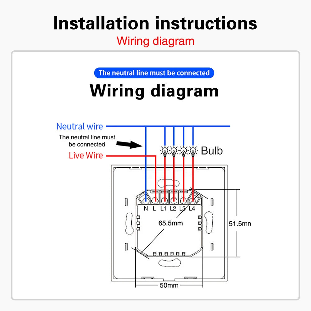 UBARO 86×86mm 1/2/3/4 Gang WiFi Smart Touch Switch, Tuya App/Voice Control, Timer, 2-Way/1-Way, Neutral Required