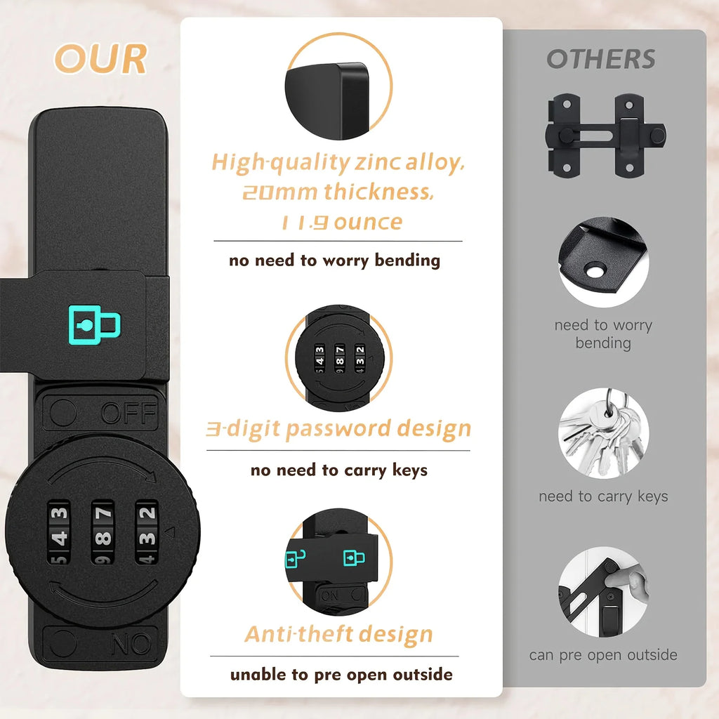 Password Door Lock and Deadbolt, 180 Degree Sliding French Barn Door Lock with 3 Digit Combination Lock, Keyless Cabinet