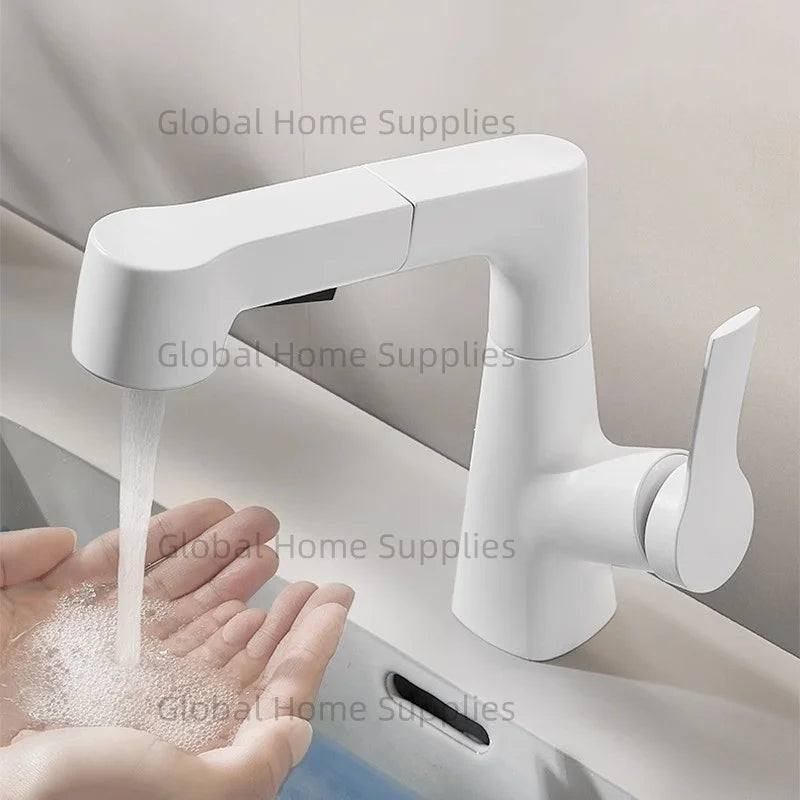 Bathroom Pull Out & Lift Basin Faucet Hot & Cold Water 360° Rotatable Lift Up and Down Single Handel Single Hole Water Mixer Tap
