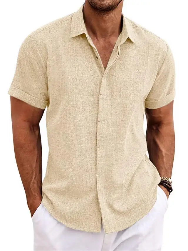 Men's Casual Beach Lightweight Linen Sve Shirt Color Standard Fit Short Sleeve Cleanfit PU Leather Inner Wear Pure Color