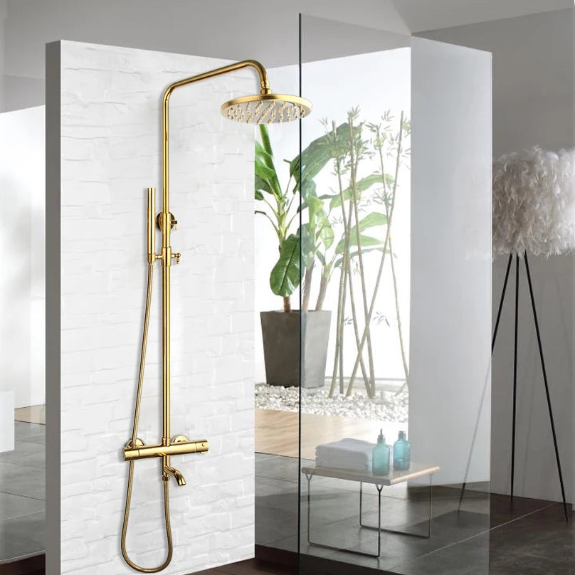 KEMAIDI Bathroom Thermostatic Bathtub Shower Faucet Golden Plated  Rainfall 3 Ways Shower Head Mixer Shower Faucets Set