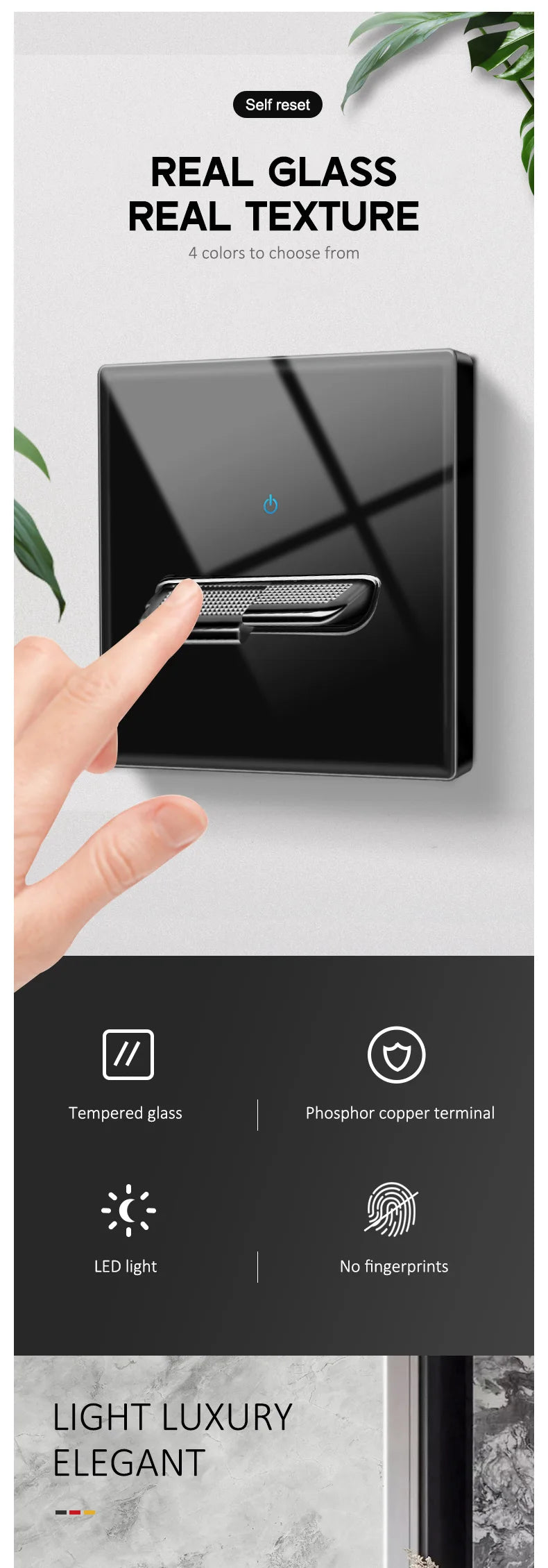 YINKA Crystal Tempered Glass Switch Panel LED Indicator 1 2 3 4 Gang/1 2 Way Self-reset Switch Button Light Switch Wall Switch