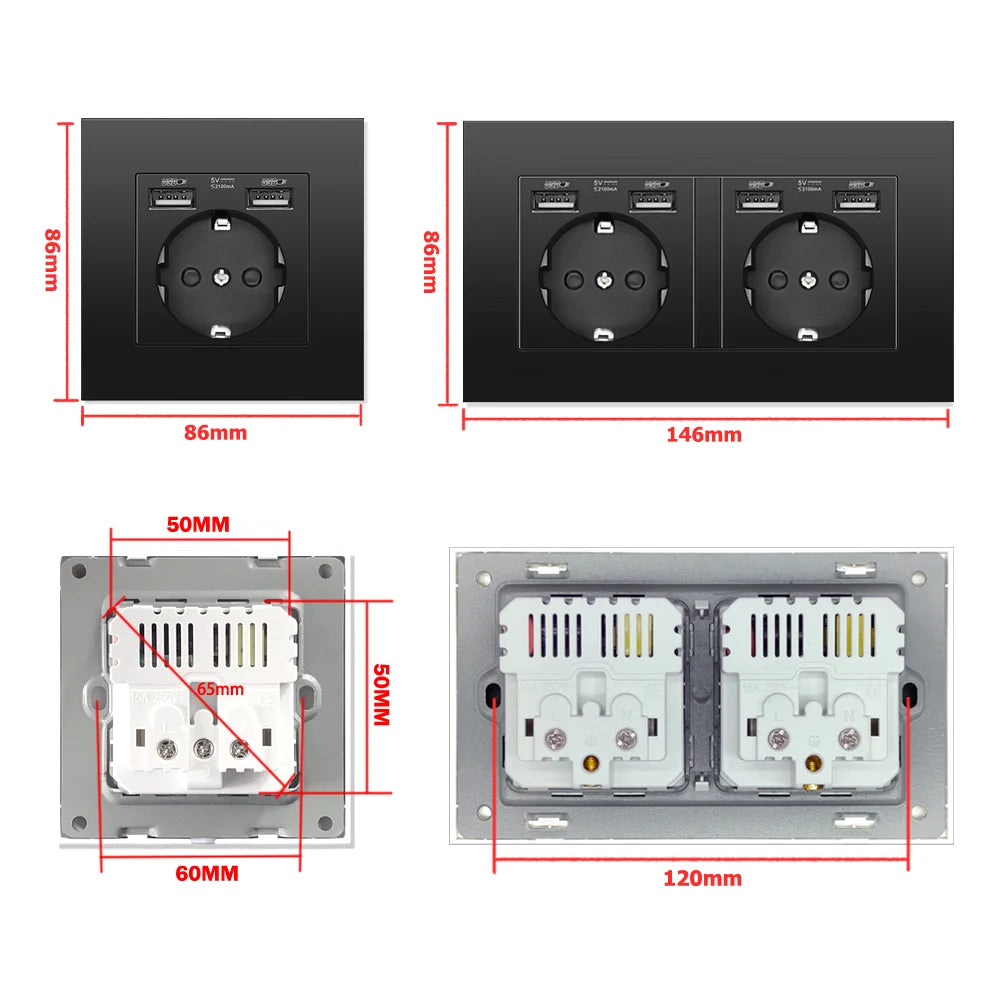 EIOMR EU Standard Electrical Socket,USB Type-C Mobile Phone Charging Outlet,16A 220V Household Appliances Electric Socket Switch