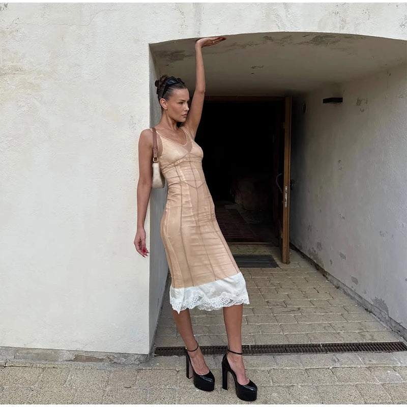 Sexy Sheer Mesh Overlay Midi Dress Women Sleeveless Sleeveless Spaghetti Strap Slim Dresses 2026 Lady Trendy Party Club Robe