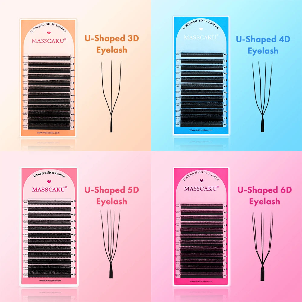 MASSCAKU U-shaped 3D 4D 5D Eyelash Extensions C D Curl U Shaped W Bloom Premade Fans Volume Lashes Natural Mink False Eyelashes