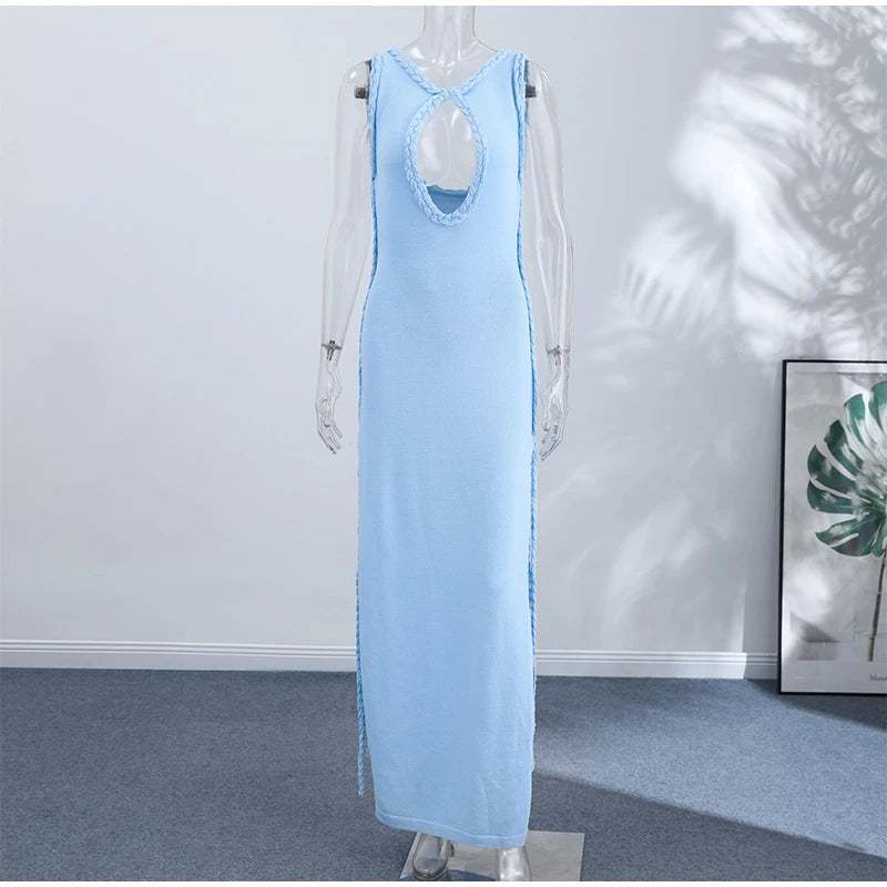 Women Solid Braided Trim Cutout Maxi Dress Sleeveless High Slit Bodycon Fit Gown 2026 Summer Elegant Evening Formal Party Outfit