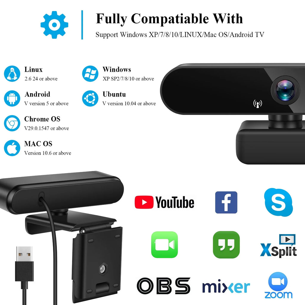 Full HD 4K Computer Web Camera 2K 1080P USB 3.0 Plug Webcam for Youtube Skyper Facebook Ins Online Video Chat Mircophone 30fps