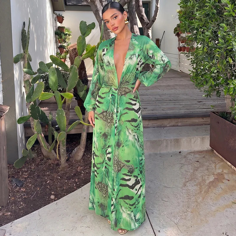 Animal Print Wrap Maxi Dress V Neck Sleeve Twist Waist High Slit Long Gowns Women's Resort Vacation Party Robes 2026 New Arrival