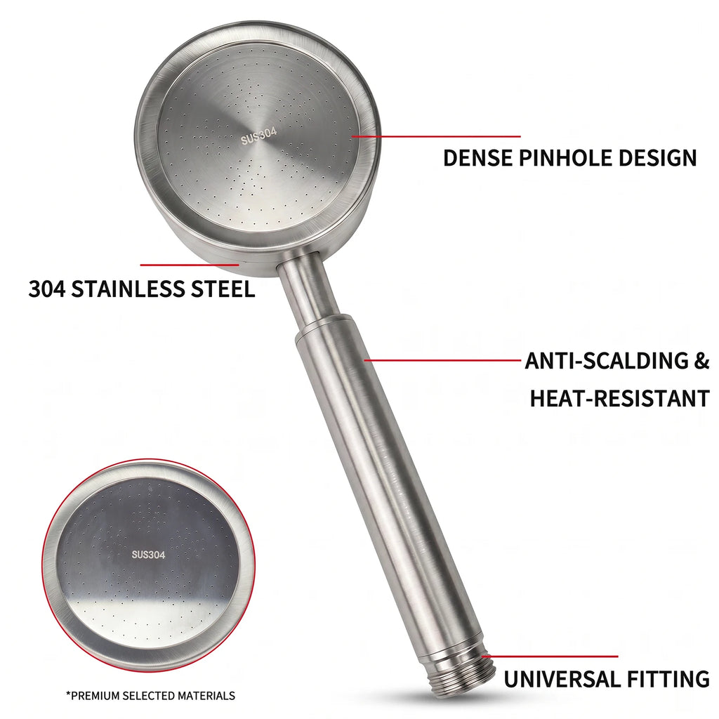 304 Stainless Steel Handheld Shower Head – High Pressure Spray, Universal 1/2” Connector, Bathroom Sprayer for Home Use