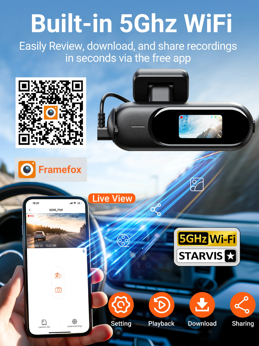 Dash Cam for Cars 4K UHD Recording Front Rear Car Camera HDR Night Vision Recorder Built in Wi-Fi 24H Parking Mode APP Monitor