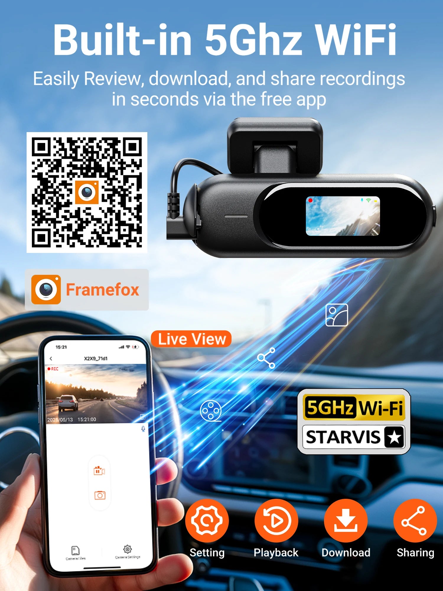Dash Cam for Cars 4K UHD Recording Front Rear Car Camera HDR Night Vision Recorder Built in Wi-Fi 24H Parking Mode APP Monitor