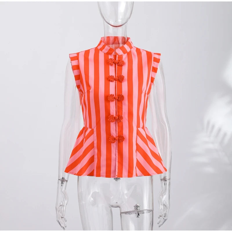 Striped Mandarin Collar Frog Button Ruffle Trim Top Striped Single‑breasted 2026 Summer Women Blouse Versatile Casual Lady Top