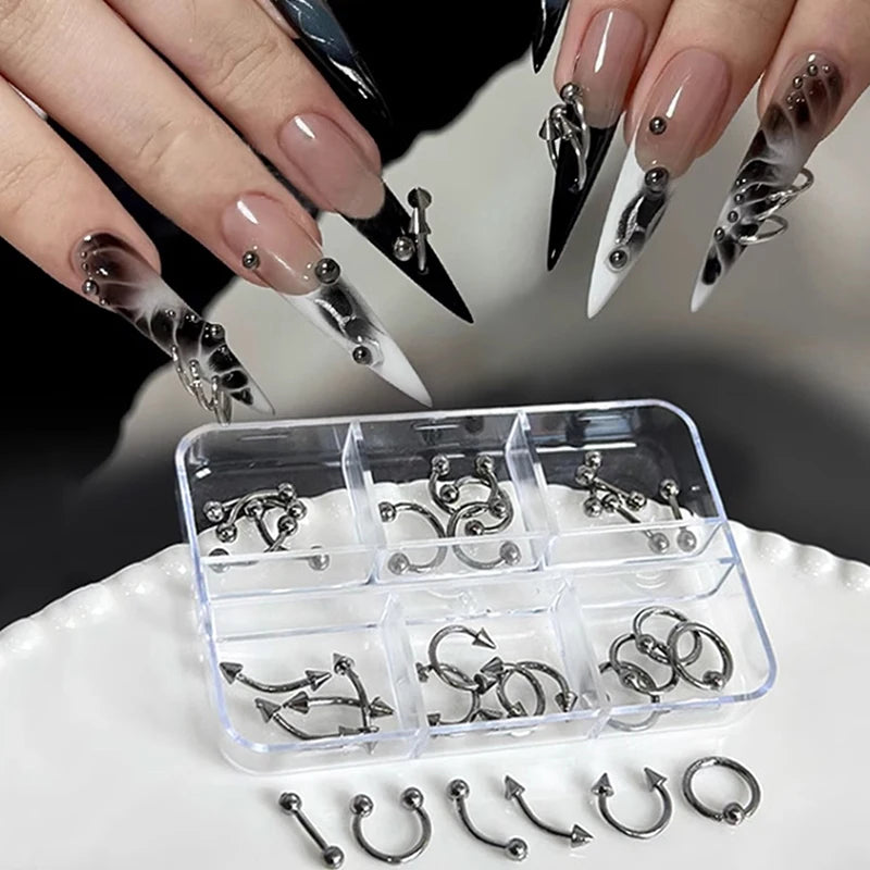 30pcs/box 6 Grids Nail Piercing Punk Charm Metal Alloy Pierced Black/White Nail Jewelry Decor 3D Nail Supply For Cool Girl