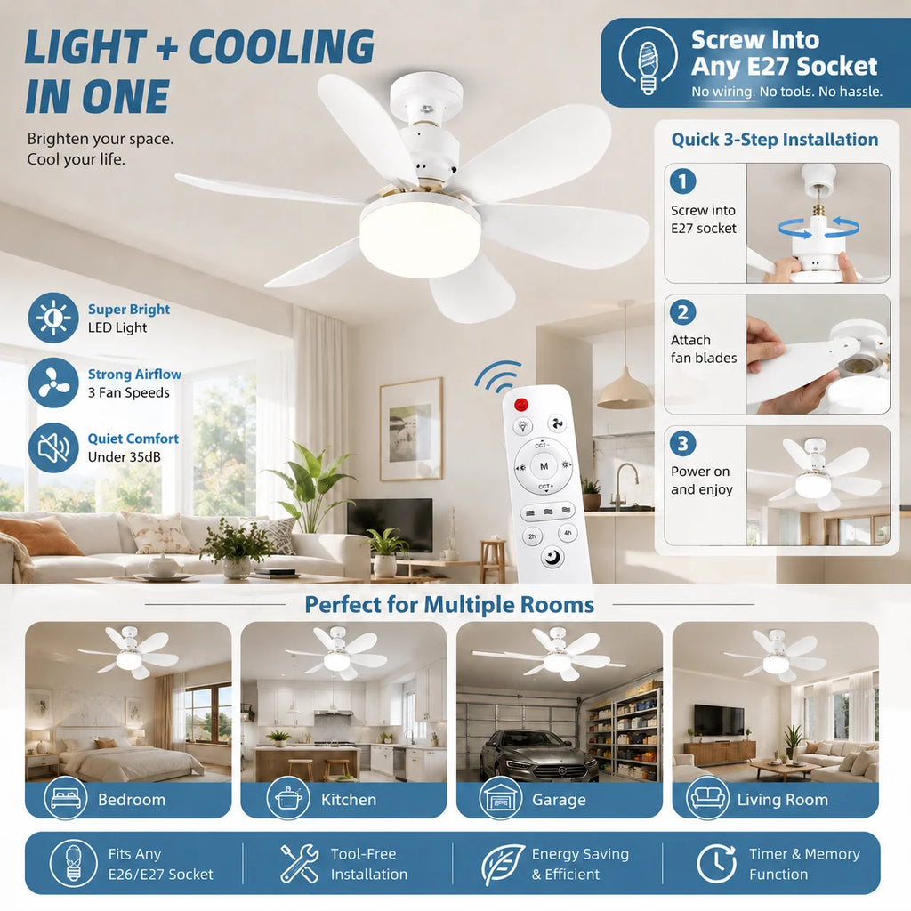 E27 LED Ceiling Fan Light with Remote 3 Color Dimmable Fan Lamp Rotatable Converter Base for Bedroom Living Room Kitchen