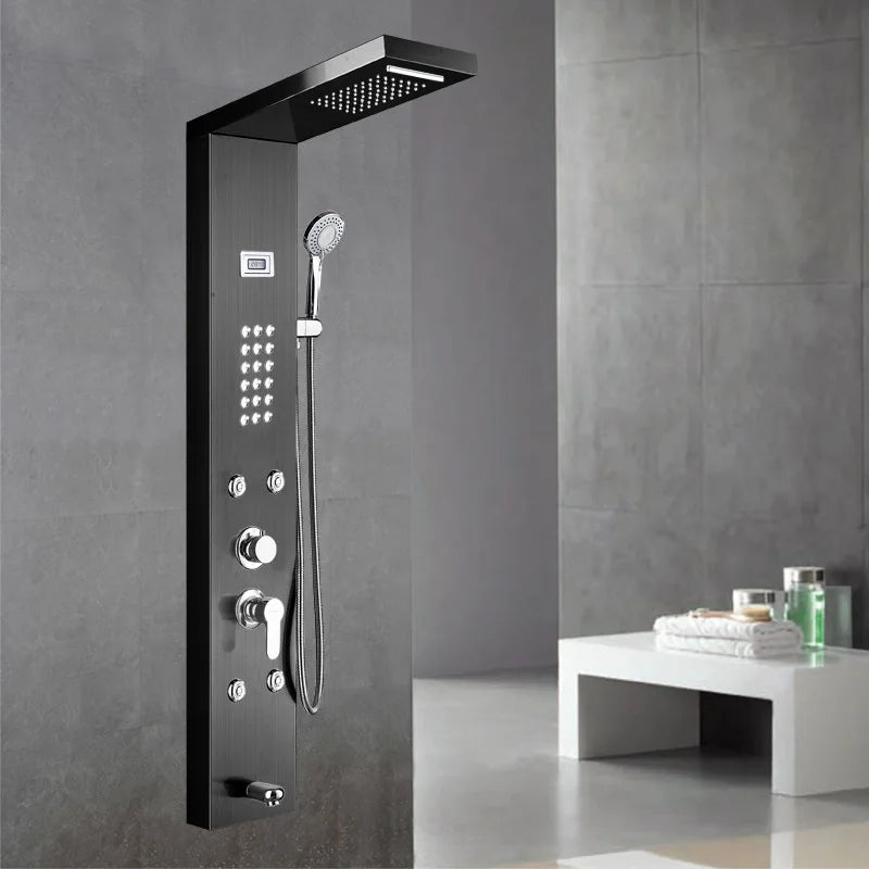 Hot Sale Luxury Black Color  Led Smart Rain Shower Head Bathroom Stainless Steel Wall Mounted Waterfall Shower Panels