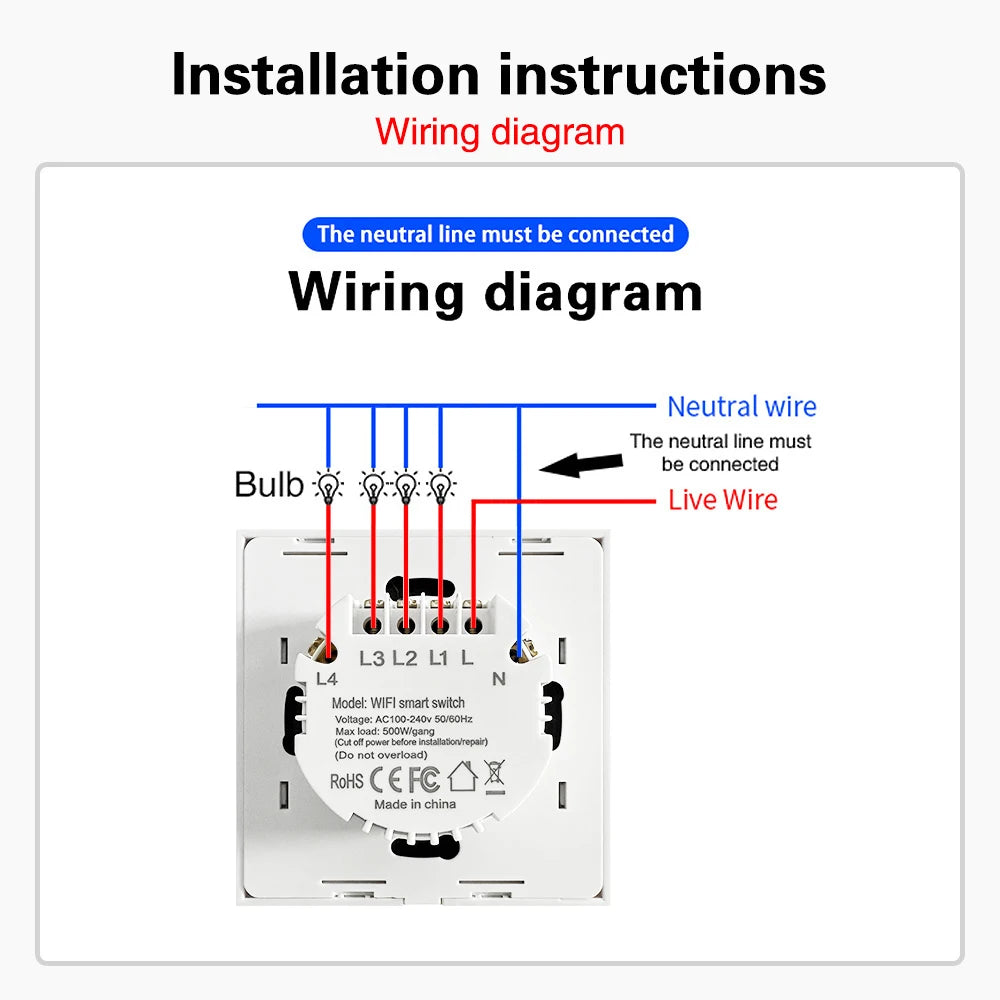Tuya WiFi Smart Touch Switch Glass Panel EU Standard 1/2/3/4 Gang Light Switch Neutral Wire Required App Voice Control Alexa Goo