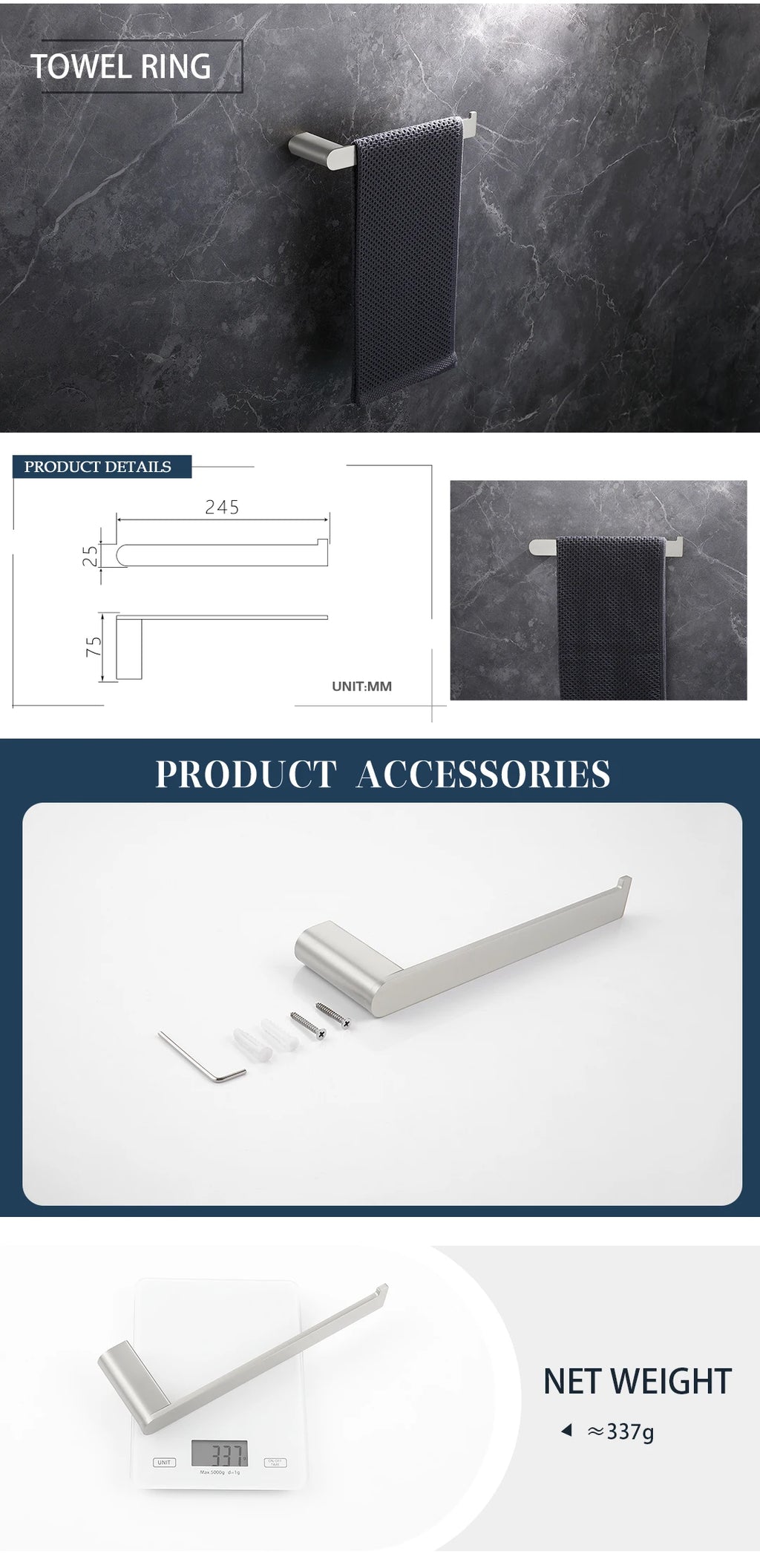 Bathroom Hardware Set Stainless Steel Bathroom Accessories Set Wall Mounted Towel Bar Towel Ring Toilet Paper Roll Holder Set
