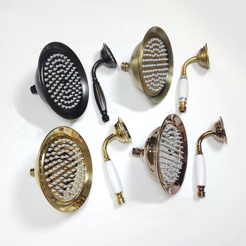 8 Inch Round Ceramic Handle Shower Head Bathroom Solid Brass Copper Rain Shower Head Waterall Hand Shower