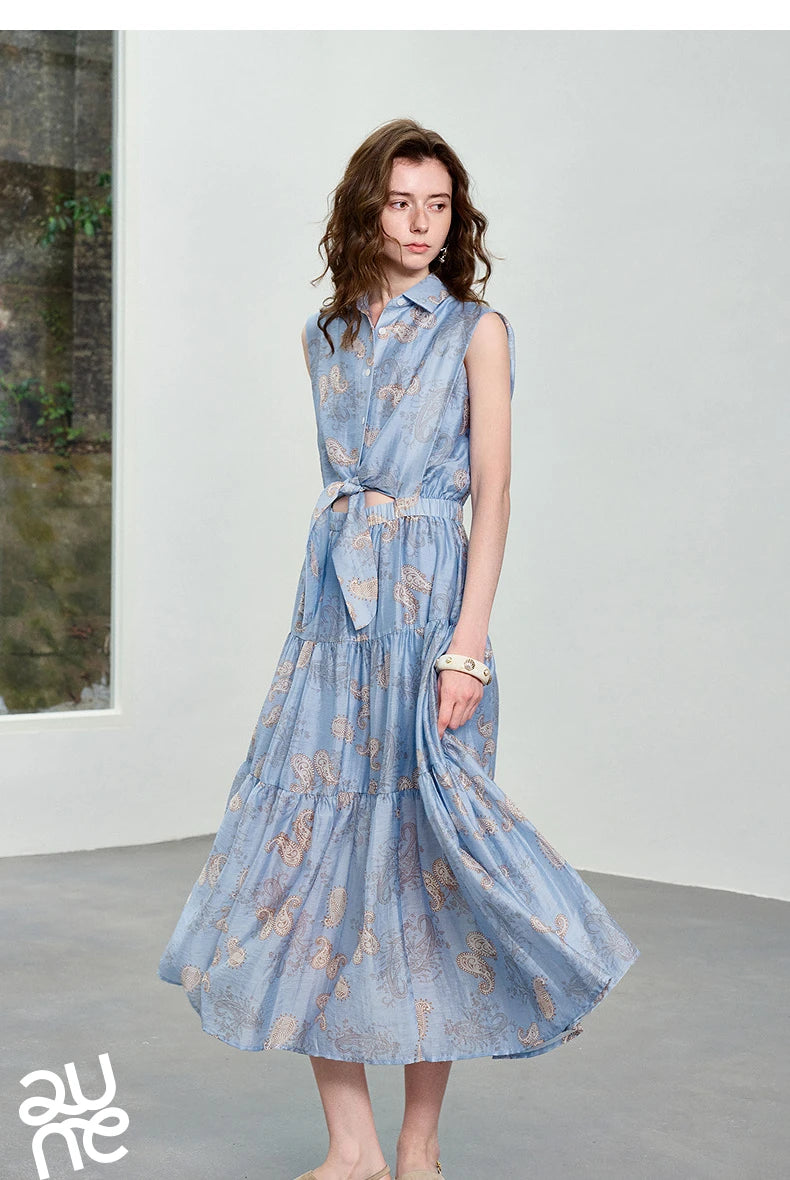 TOYOUTH Women Dress 2026 Summer New Blue Paisley Print Vintage Tank High Waist Tiered Cake Trendy Dresses