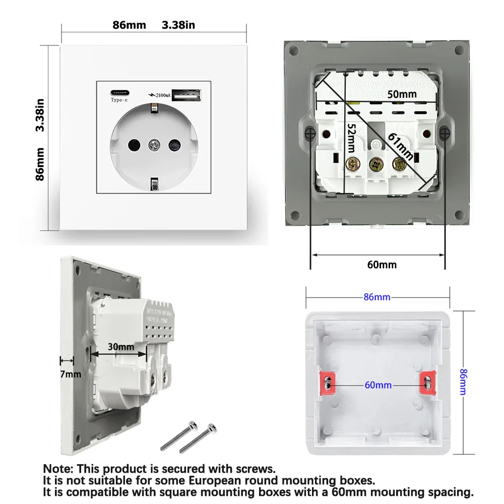 EU Standard Type-C USB Power Socket High-Quality Material Panels 16A Wall Embedded Electric Plug Outlet AC110V-250V Wall Socket