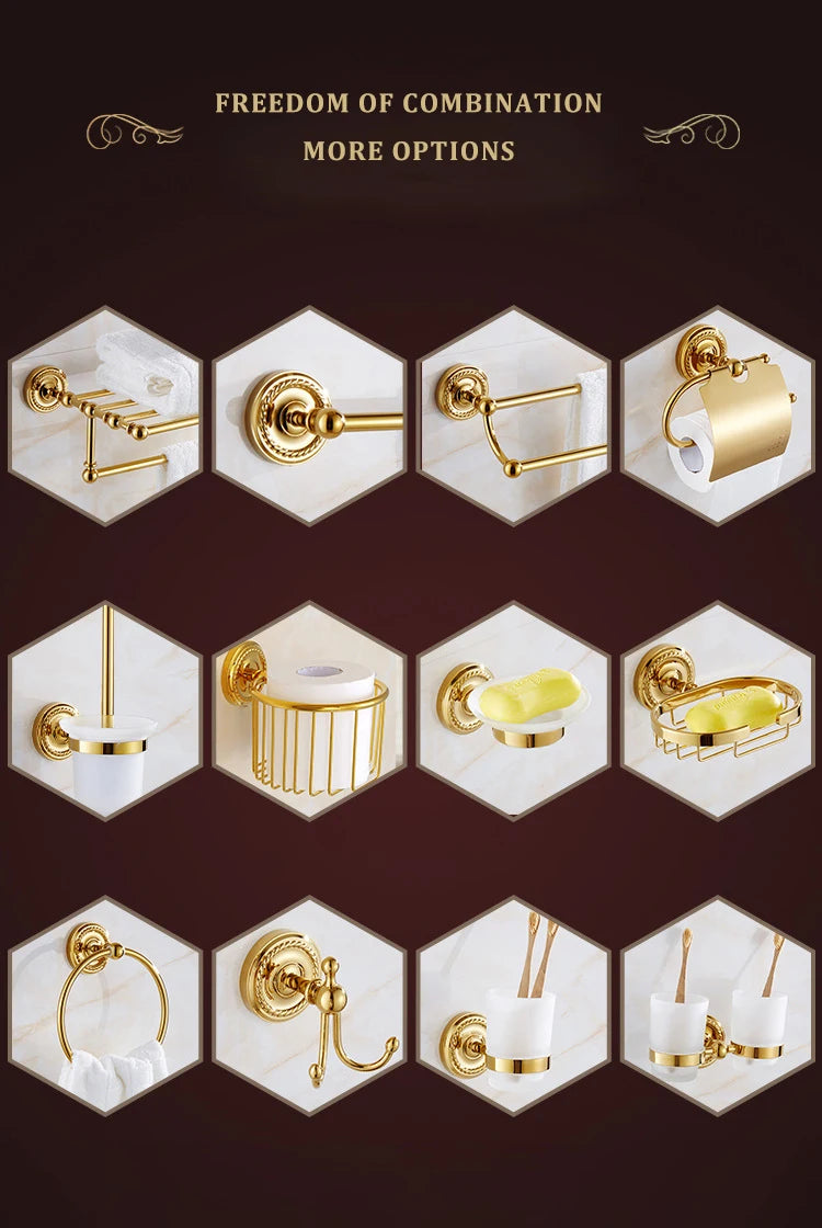 Luxury Gold Brass Bathroom Accessories Set,Robe hook,Paper Holder,Towel Bar,Towel Ring,bathroom sets, Gold Towel Rack,Soap Dish