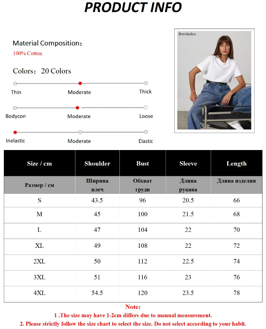 Wolfeel Summer 100% Cotton Women's T-shirt Bottoming Basic Fashionable Solid Lady Short Sleeve Loose Tops Shirts 230g/㎡ Tops