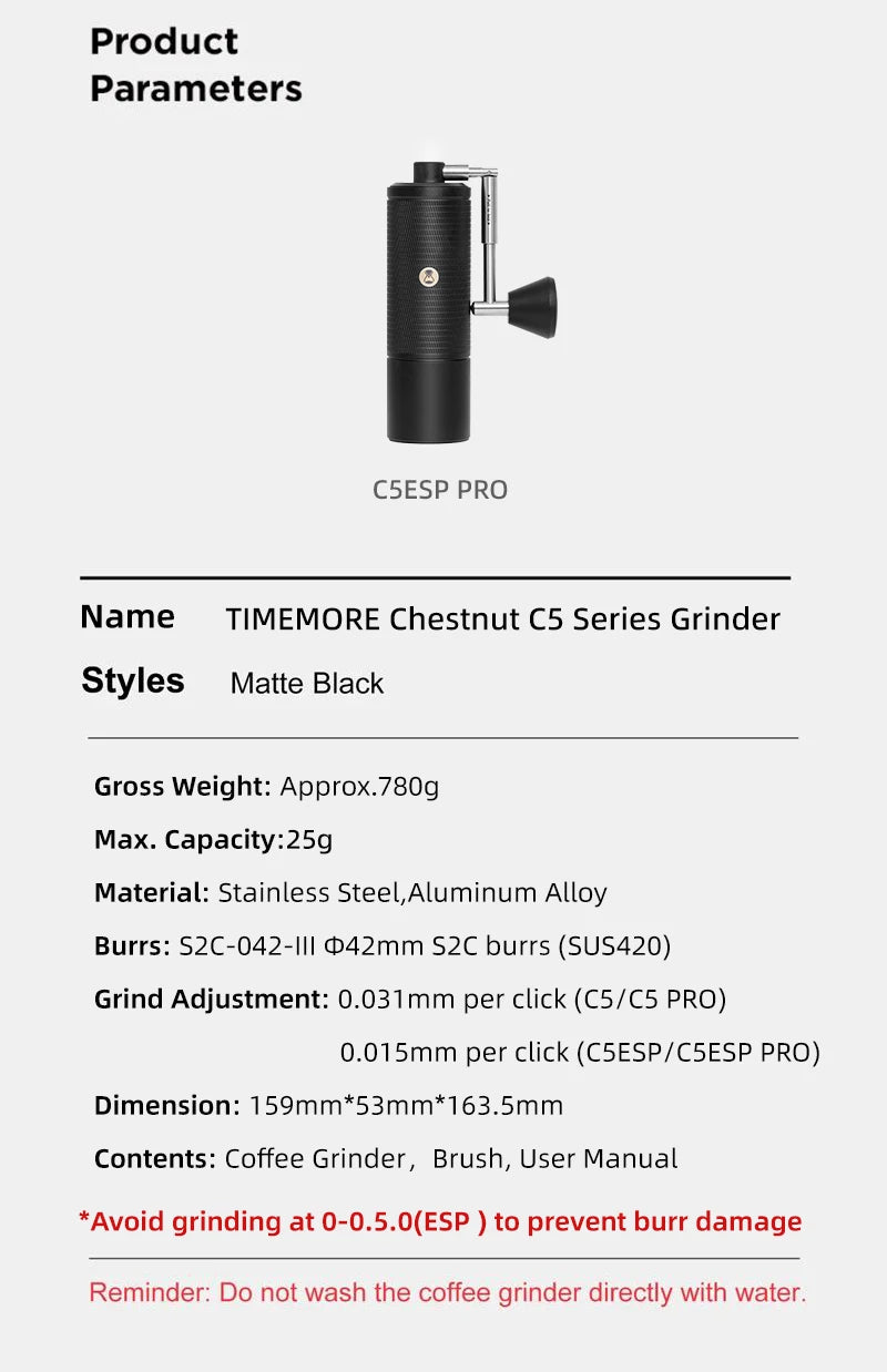TIMEMORE Chestnut C5ESP PRO Portable Manual Coffee Grinder Foldab Handle Design S2C 42mm Burr Inside Higher Grinding Efficiency