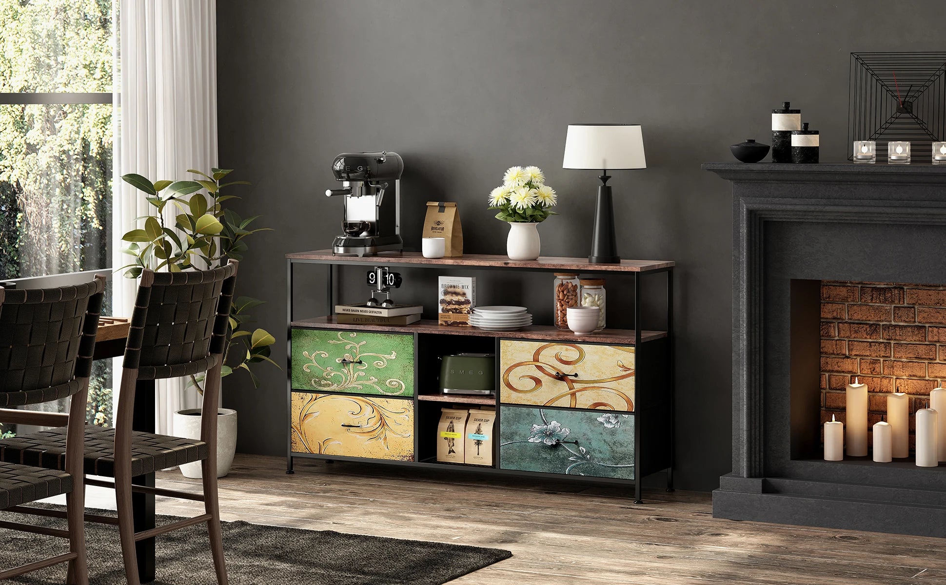 Rosahqnda TV stand with 4 drawers, TV cabinet, , adjustable shelves, TV table, TV cabinet living room furniture