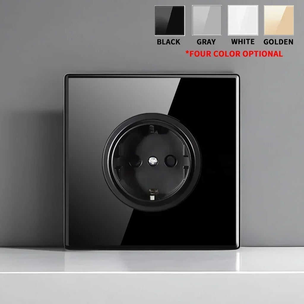 Black Tempered Glass Wall Switch Panel Led European 16a Socket Retro Toggle Light Switch Eu Uk Standard 1Gang-4gang 2usb Socket