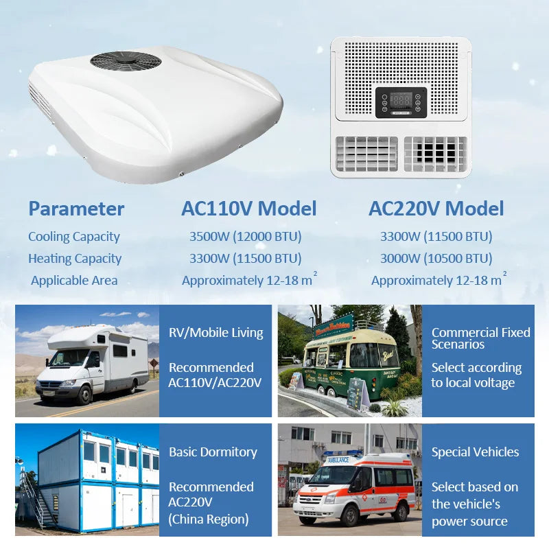 Heating and Cooling Air Conditioner DC12V 24V 48V AC110V 220V Parking AC/Heater Motorhome Roof Parking Cooler Air Conditioning