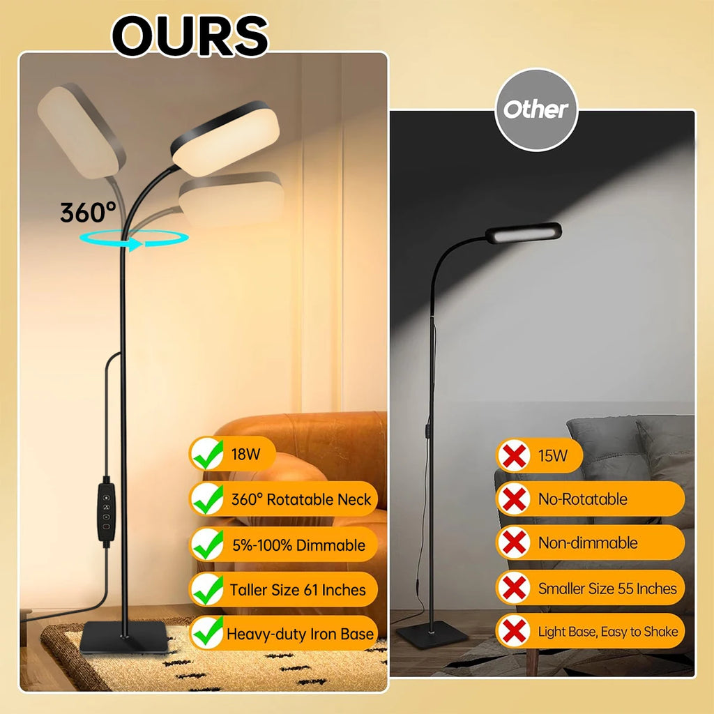 Modern LED Floor Lamp Bright 18W Sofa Reading Lamps for Lash Extensions Dimmable Modern Standing Light Adjustable Gooseneck