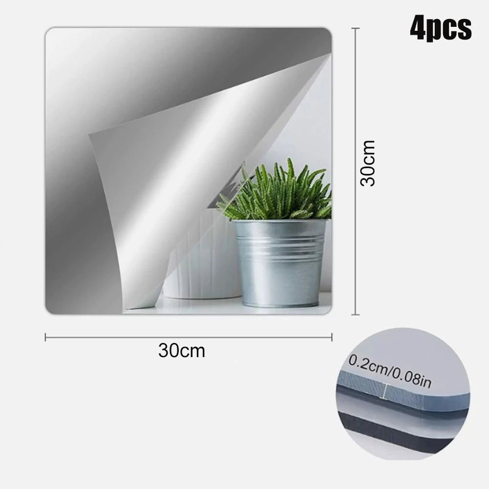4PcsAcrylic Mirrors Set Self- Adhesive Mirror Tiles 2mm Thick Flexible Unbreakable Mirror Stickers Reflective Square Mirror Wall