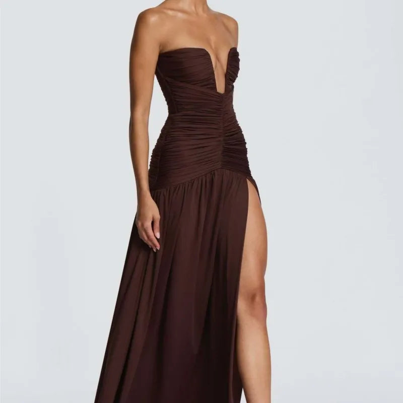 Elegant Lady Solid Maxi Dress Sleeveless Off Shoulder Deep V-neck High Split Pleated Satin Gown 2026 Women New Dinner Party Wear