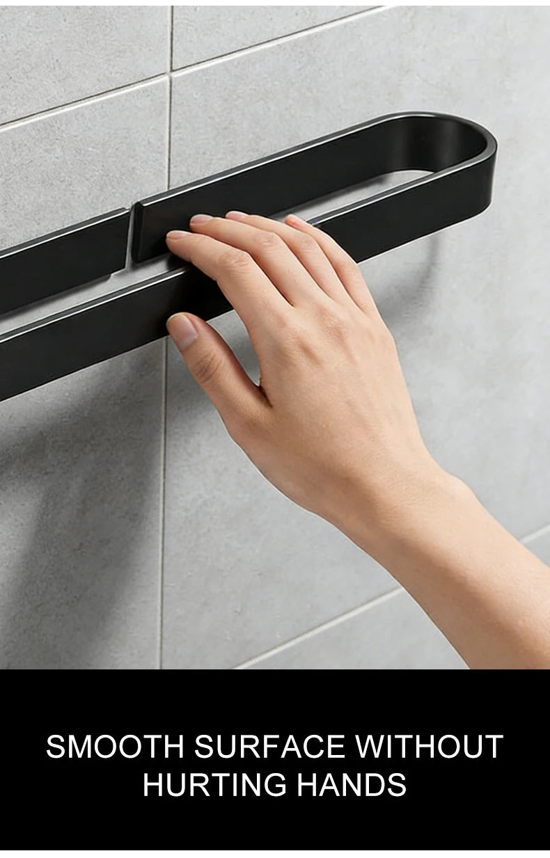 Self-adhesive Black Bath Towel Holder Bathroom Towel Rack No Punch Towel Rail Rack Towel Holder Bath Storage Shelf ML65B