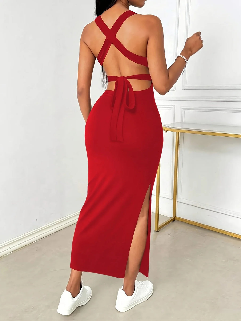 Women's Summer Solid Color Backless Cross-Strap Sexy Dress