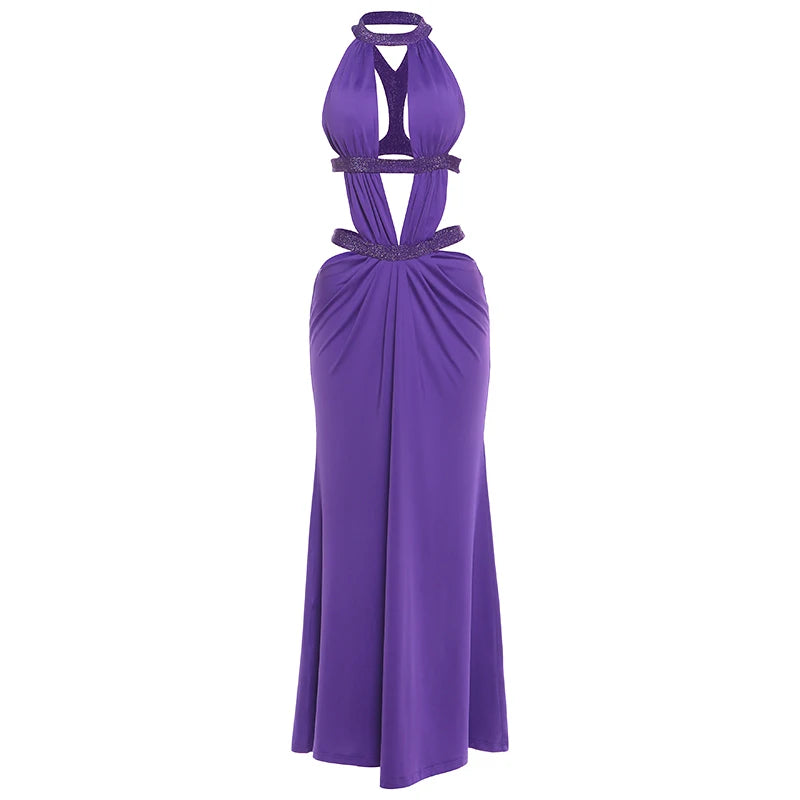 Nibber Deep V-Neck Long Dress Woman Sexy Hollow Design Halter Sleeveless Skinny High Waist Midnight Prom Party Elegant Vestidos
