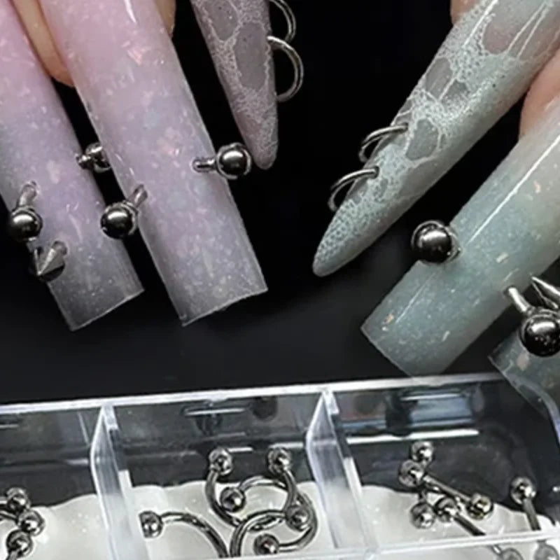 30pcs/box 6 Grids Nail Piercing Punk Charm Metal Alloy Pierced Black/White Nail Jewelry Decor 3D Nail Supply For Cool Girl