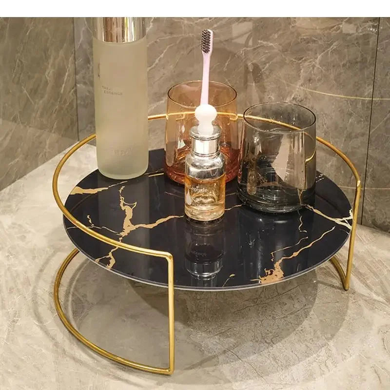 Metal Marbled Glass Tray 2-piece Set Decorative Storage Rack Desktop Organizer Cosmetic Shelf Display Stand Bathroom Shelves