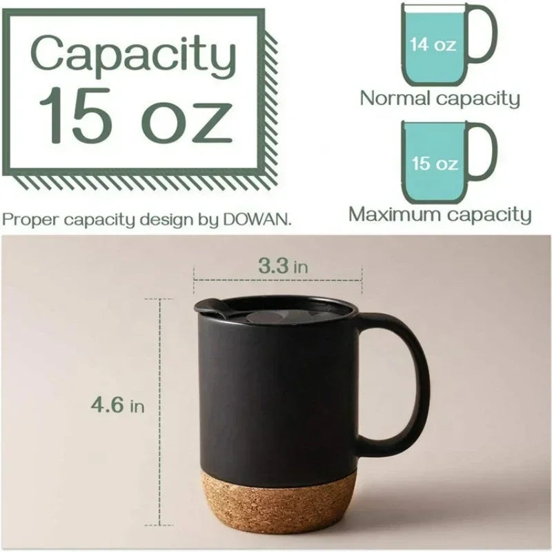 Simplicity Ceramic Cork Bottom Coffee Mug with Lid Splash Proof Heat-resistant Matte Plain White Black Cork Base Bottom Tea Cup